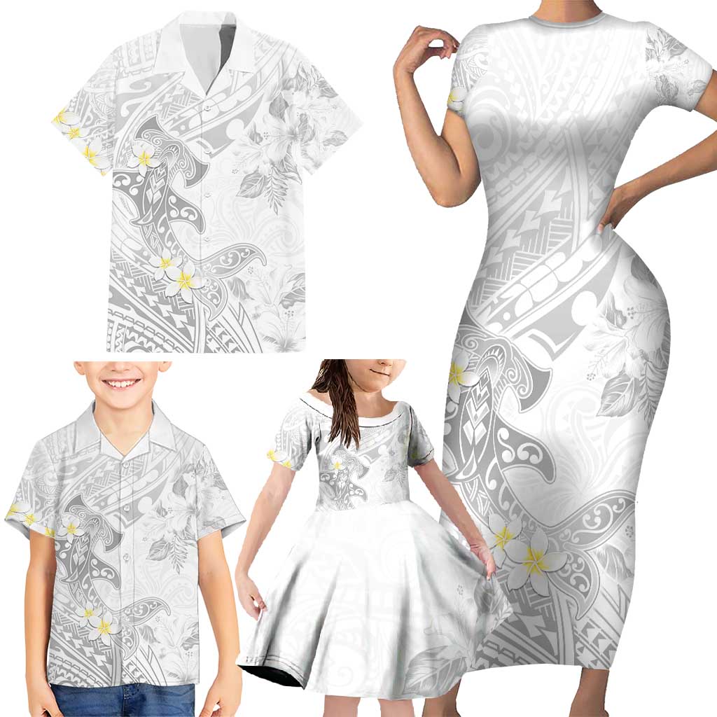 Polynesia Hammerhead Shark Family Matching Short Sleeve Bodycon Dress and Hawaiian Shirt Tropical Flowers Tribal Pattern White LT05 - Polynesian Pride