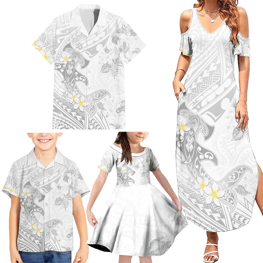 Polynesia Hammerhead Shark Family Matching Summer Maxi Dress and Hawaiian Shirt Tropical Flowers Tribal Pattern White LT05 - Polynesian Pride