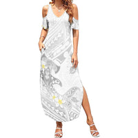 Polynesia Hammerhead Shark Family Matching Summer Maxi Dress and Hawaiian Shirt Tropical Flowers Tribal Pattern White LT05 Mom's Dress White - Polynesian Pride