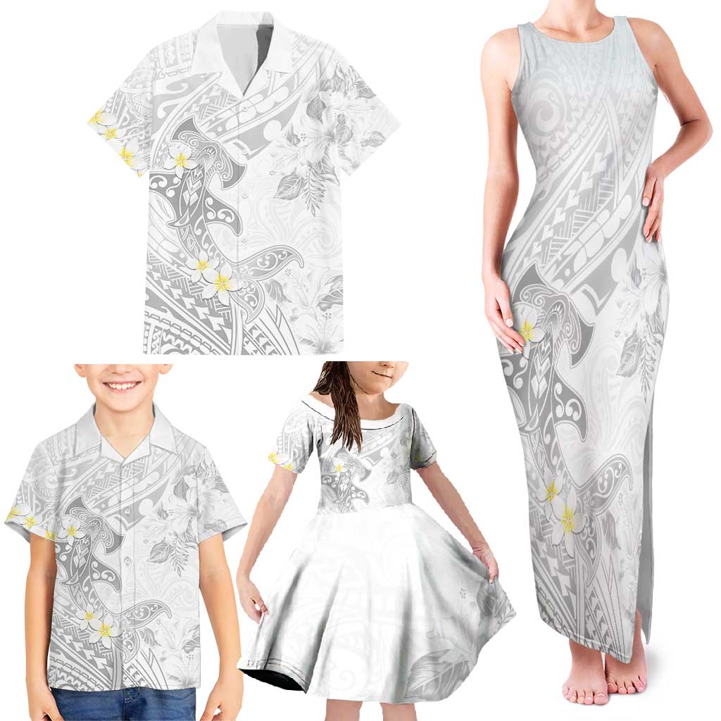 Polynesia Hammerhead Shark Family Matching Tank Maxi Dress and Hawaiian Shirt Tropical Flowers Tribal Pattern White LT05 - Polynesian Pride