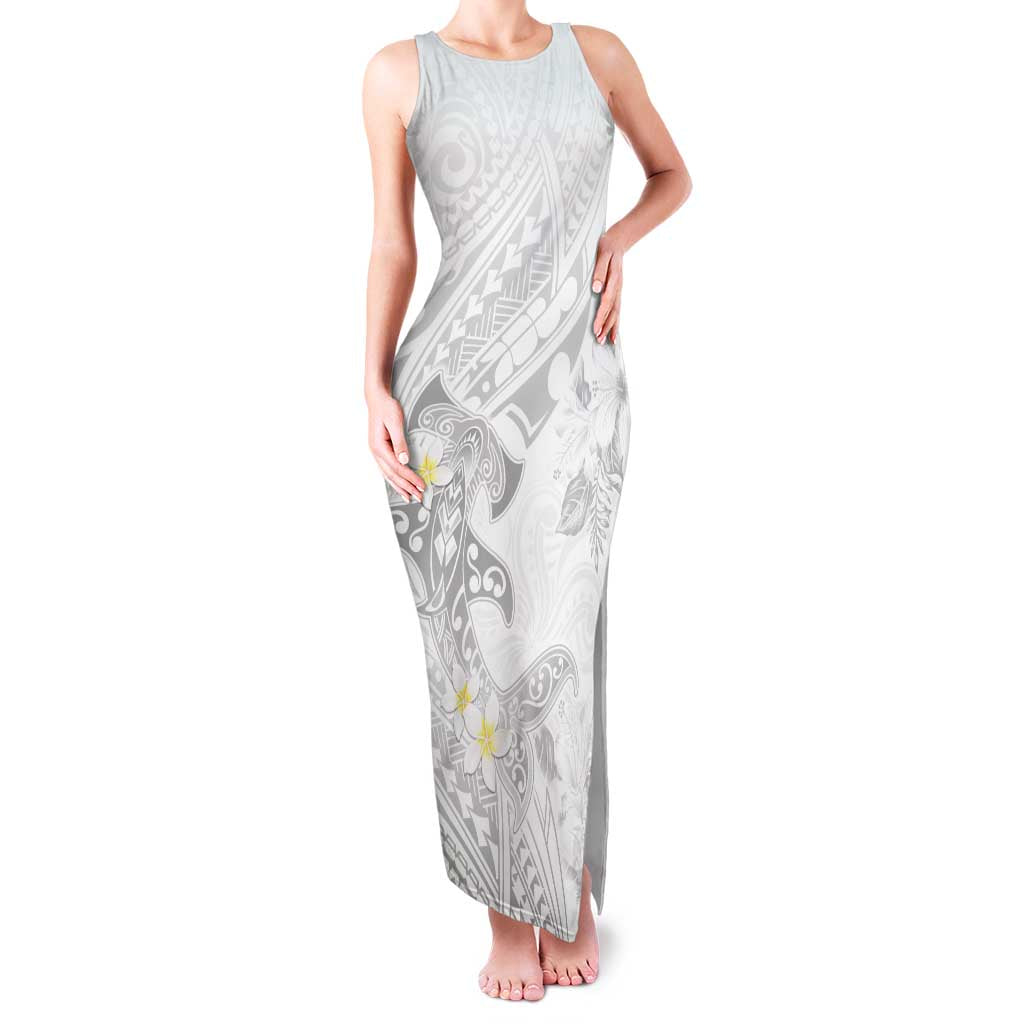 Polynesia Hammerhead Shark Family Matching Tank Maxi Dress and Hawaiian Shirt Tropical Flowers Tribal Pattern White LT05 Mom's Dress White - Polynesian Pride