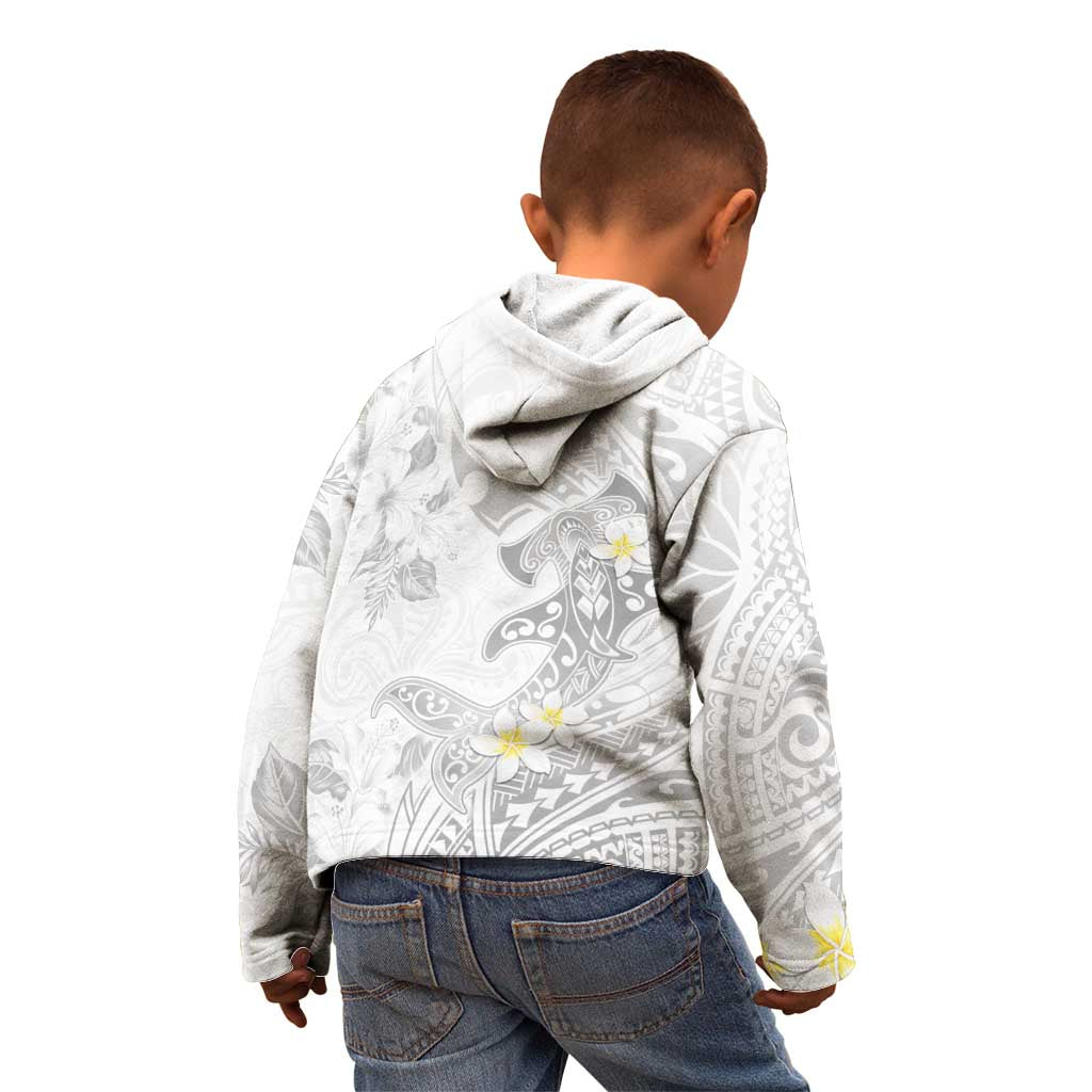 Polynesia Hammerhead Shark Kid Hoodie Tropical Flowers Tribal Pattern White