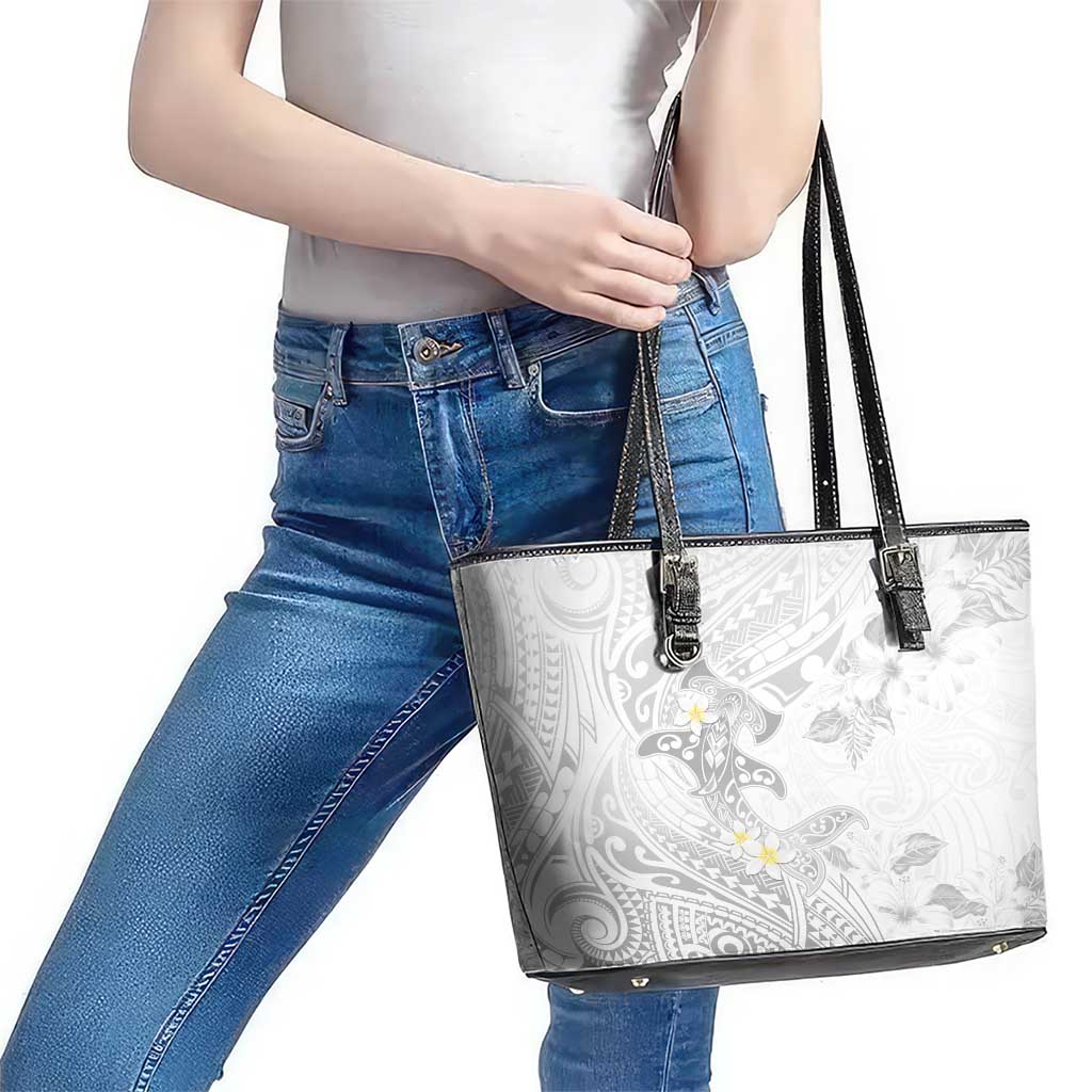 Polynesia Hammerhead Shark Leather Tote Bag Tropical Flowers Tribal Pattern White