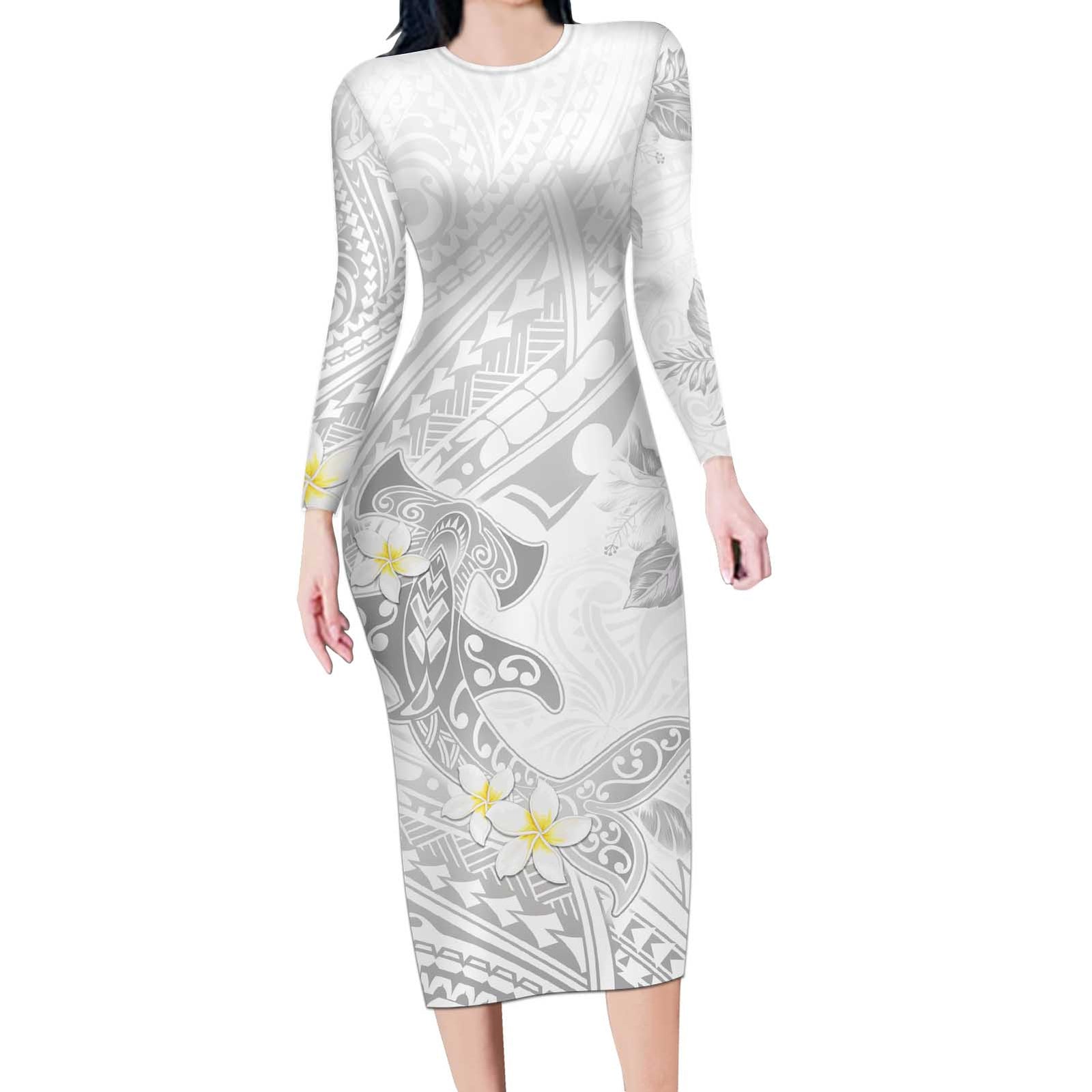 Polynesia Hammerhead Shark Long Sleeve Bodycon Dress Tropical Flowers Tribal Pattern White LT05 Long Dress White - Polynesian Pride