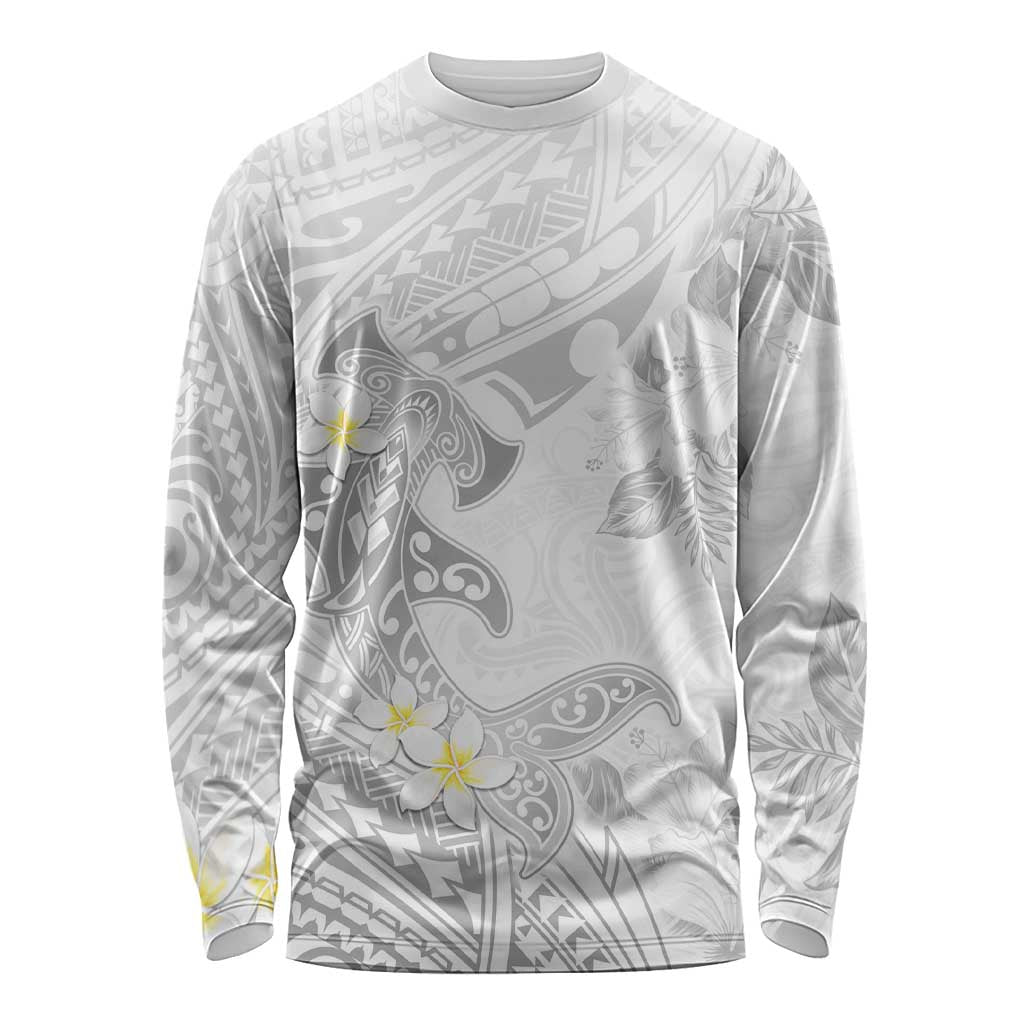 Polynesia Hammerhead Shark Long Sleeve Shirt Tropical Flowers Tribal Pattern White LT05 Unisex White - Polynesian Pride