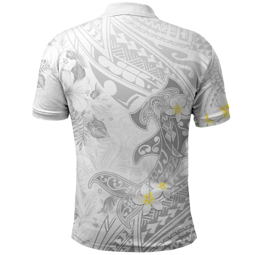 Polynesia Hammerhead Shark Polo Shirt Tropical Flowers Tribal Pattern White
