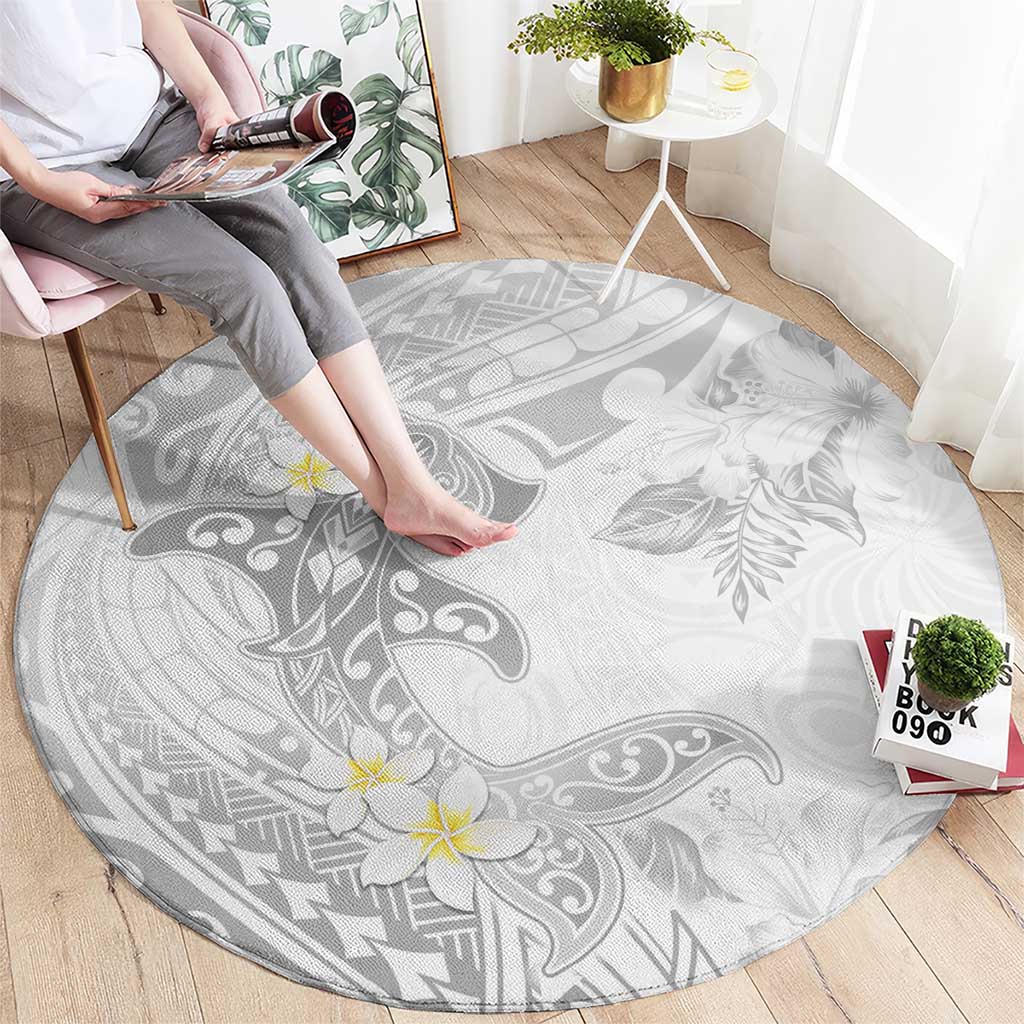 Polynesia Hammerhead Shark Round Carpet Tropical Flowers Tribal Pattern White LT05 - Polynesian Pride