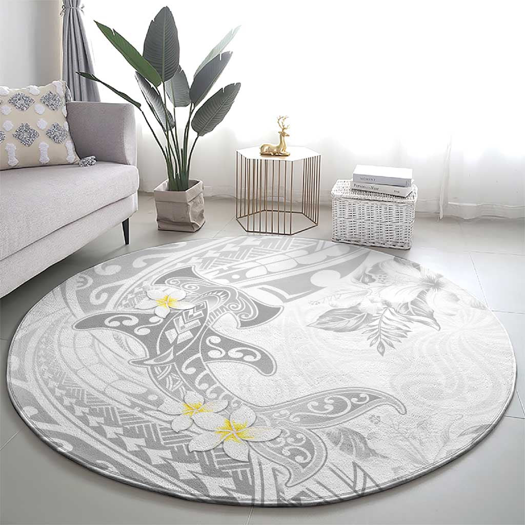 Polynesia Hammerhead Shark Round Carpet Tropical Flowers Tribal Pattern White LT05 - Polynesian Pride