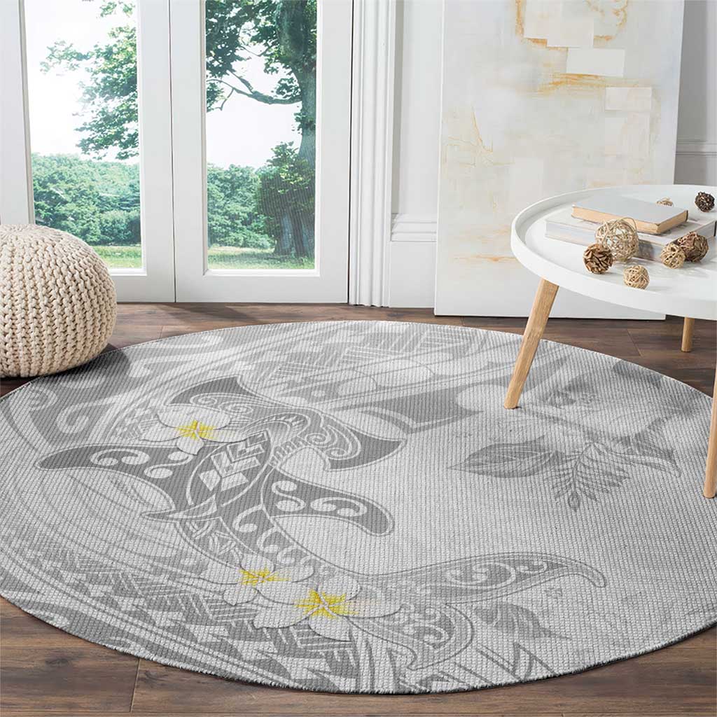 Polynesia Hammerhead Shark Round Carpet Tropical Flowers Tribal Pattern White LT05 - Polynesian Pride
