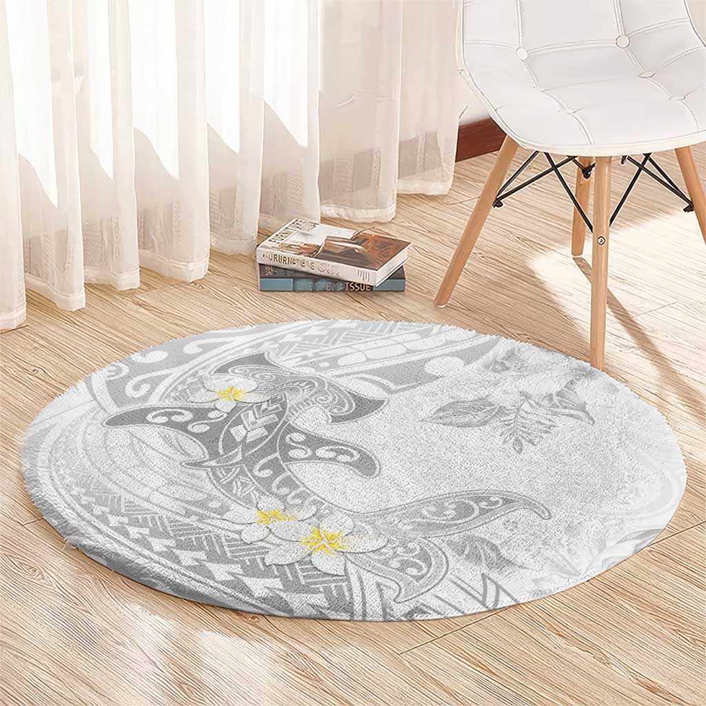 Polynesia Hammerhead Shark Round Carpet Tropical Flowers Tribal Pattern White LT05 - Polynesian Pride