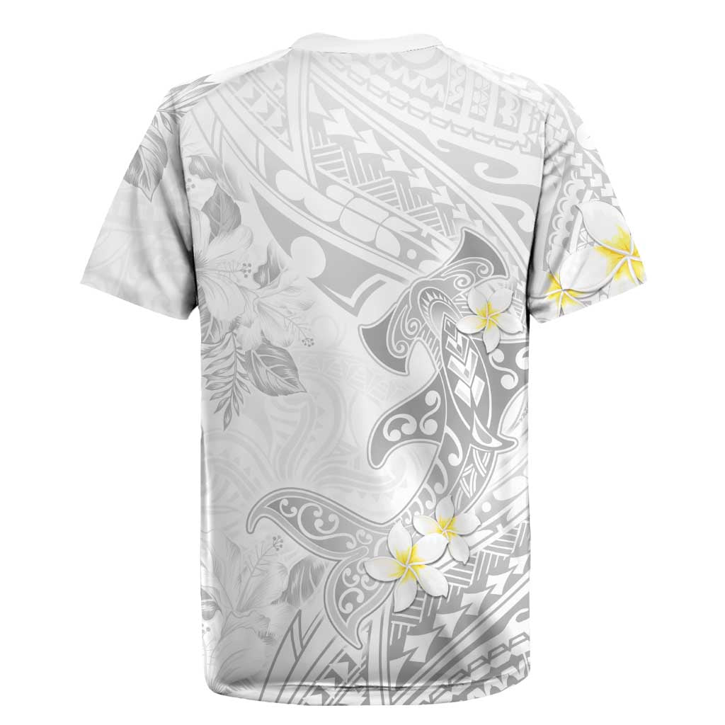 Polynesia Hammerhead Shark Rugby Jersey Tropical Flowers Tribal Pattern White