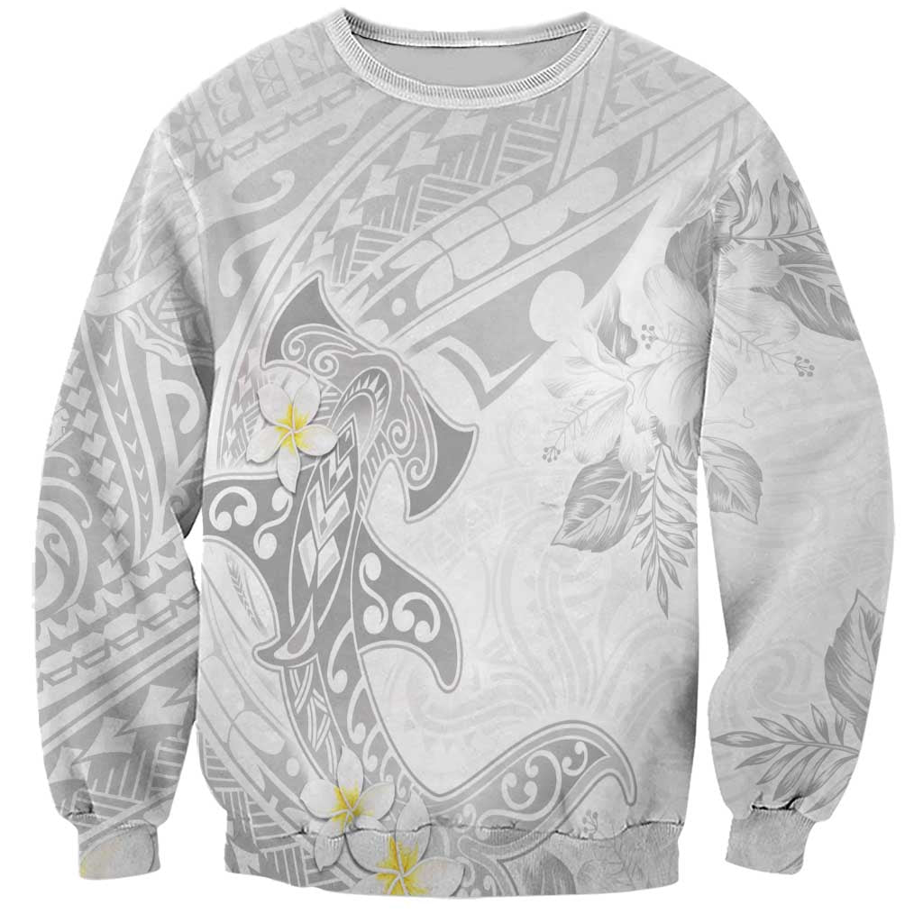 Polynesia Hammerhead Shark Sweatshirt Tropical Flowers Tribal Pattern White