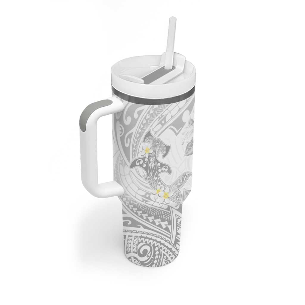 Polynesia Hammerhead Shark Tumbler With Handle Tropical Flowers Tribal Pattern White