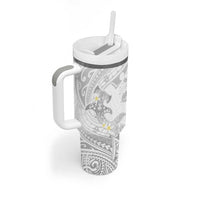 Polynesia Hammerhead Shark Tumbler With Handle Tropical Flowers Tribal Pattern White