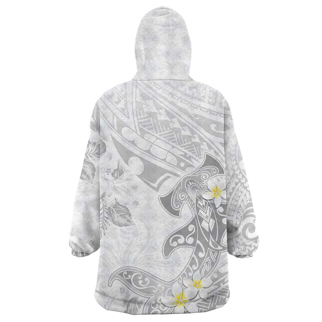 Polynesia Hammerhead Shark Wearable Blanket Hoodie Tropical Flowers Tribal Pattern White