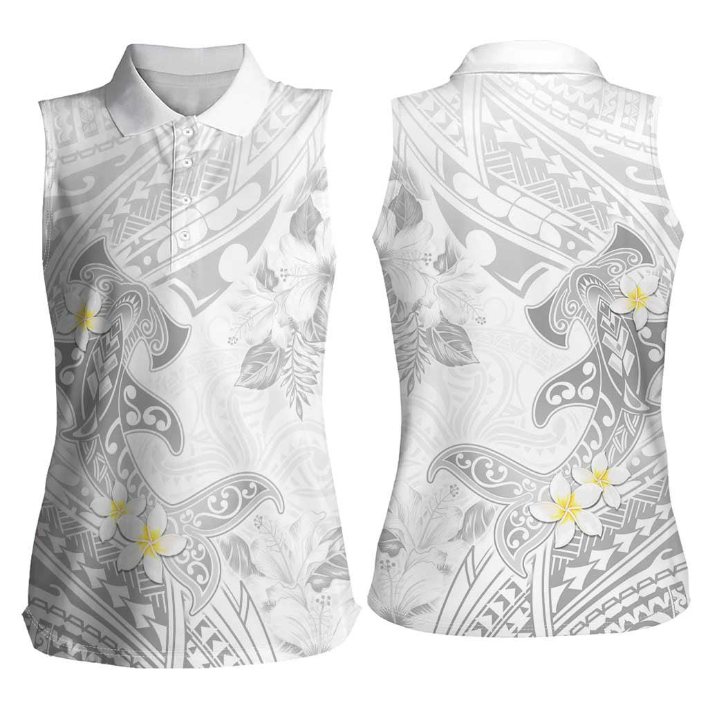 Polynesia Hammerhead Shark Women Sleeveless Polo Shirt Tropical Flowers Tribal Pattern White