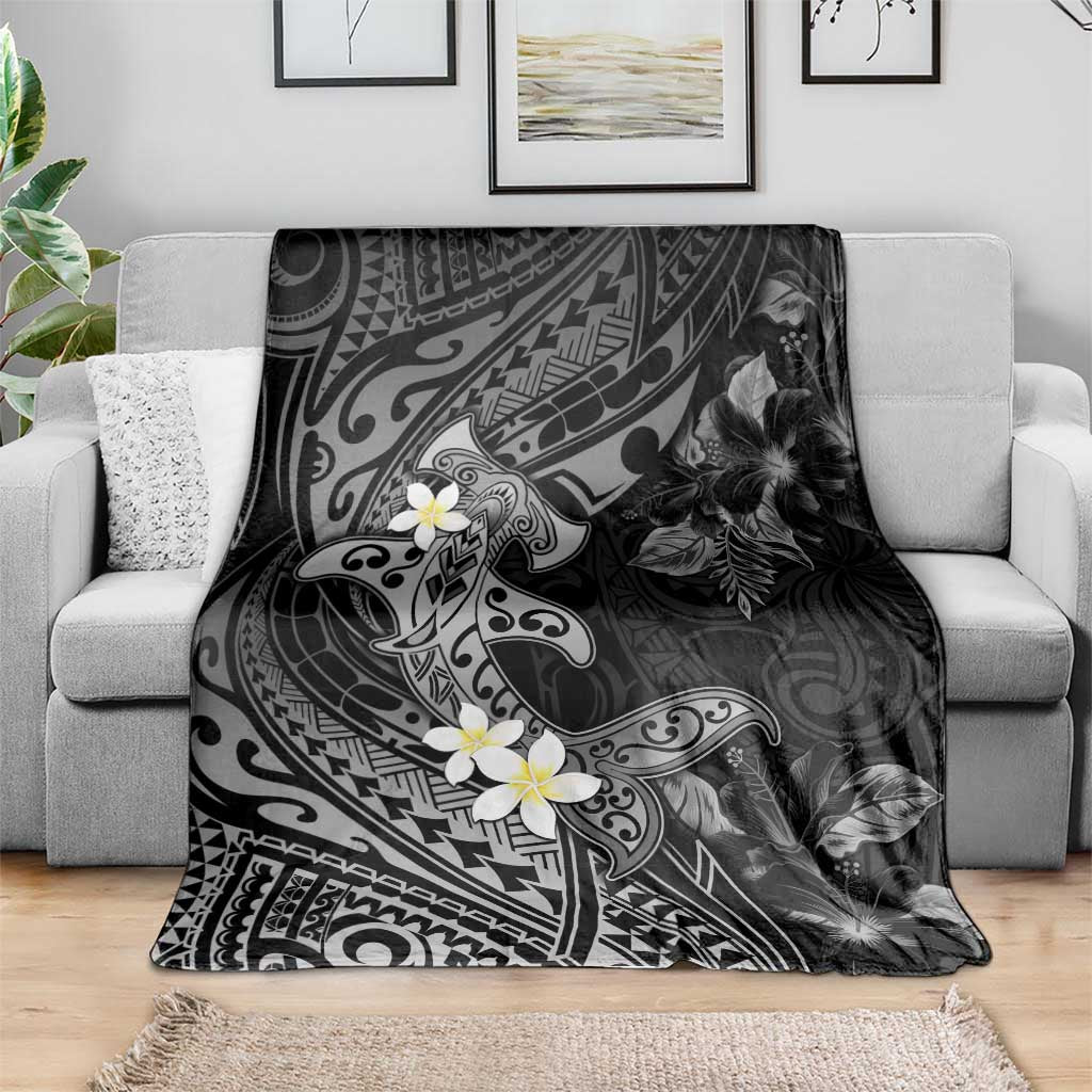 Polynesia Hammerhead Shark Blanket Tropical Flowers Tribal Pattern Black