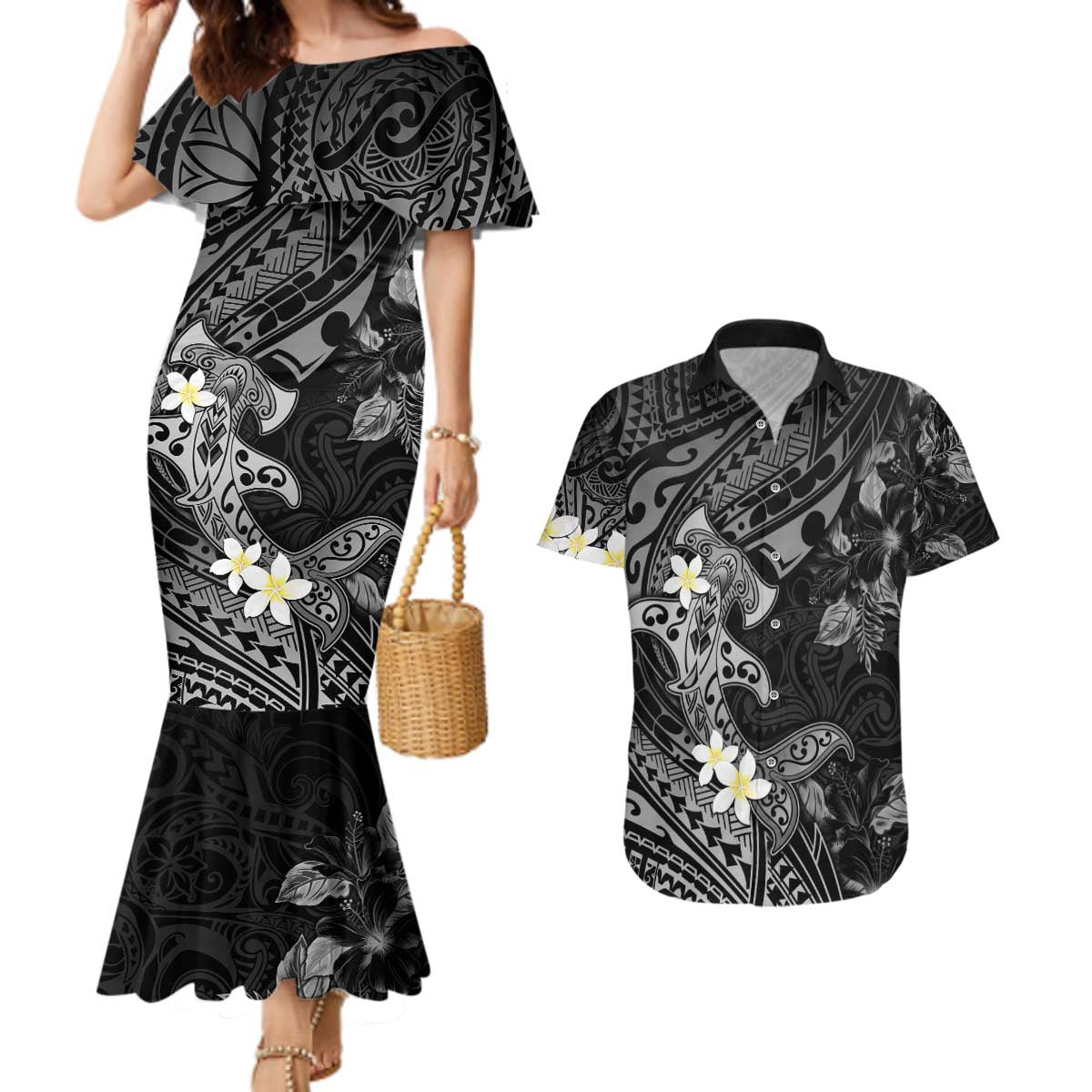 Polynesia Hammerhead Shark Couples Matching Mermaid Dress and Hawaiian Shirt Tropical Flowers Tribal Pattern Black LT05 Black - Polynesian Pride