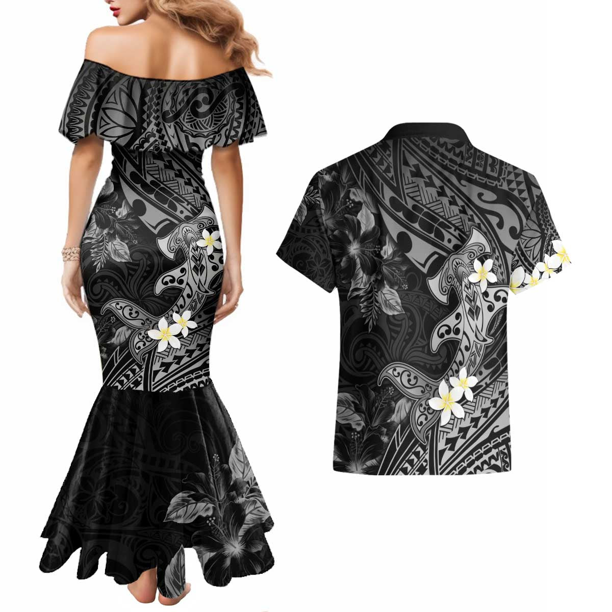 Polynesia Hammerhead Shark Couples Matching Mermaid Dress and Hawaiian Shirt Tropical Flowers Tribal Pattern Black LT05 - Polynesian Pride