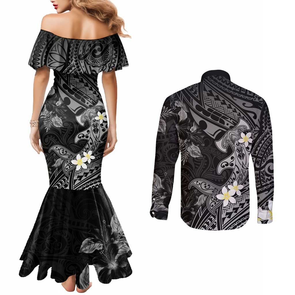 Polynesia Hammerhead Shark Couples Matching Mermaid Dress and Long Sleeve Button Shirt Tropical Flowers Tribal Pattern Black