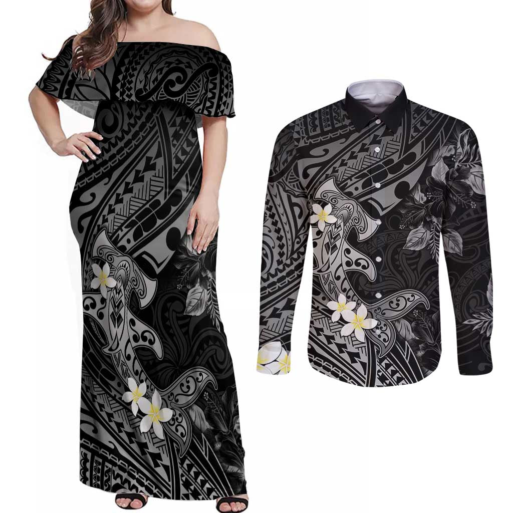 Polynesia Hammerhead Shark Couples Matching Off Shoulder Maxi Dress and Long Sleeve Button Shirt Tropical Flowers Tribal Pattern Black LT05 Black - Polynesian Pride