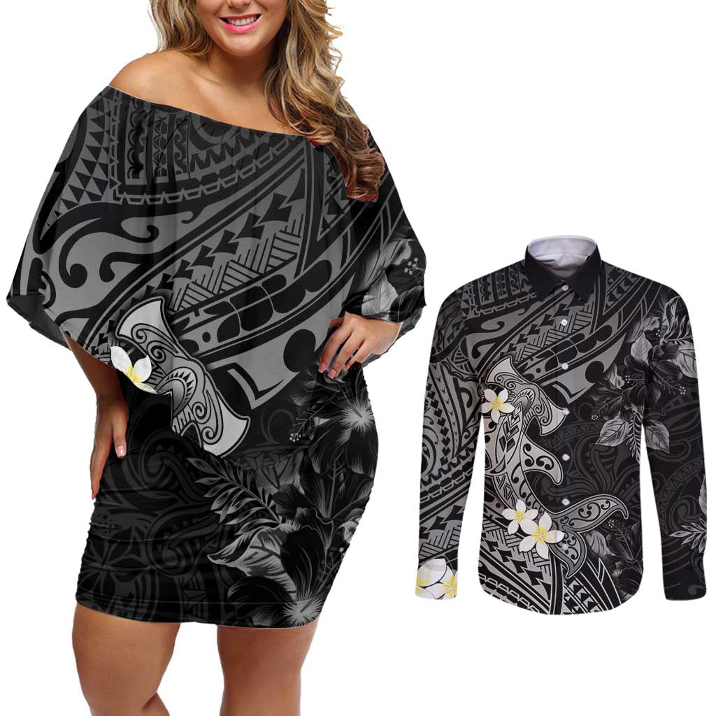 Polynesia Hammerhead Shark Couples Matching Off Shoulder Short Dress and Long Sleeve Button Shirt Tropical Flowers Tribal Pattern Black