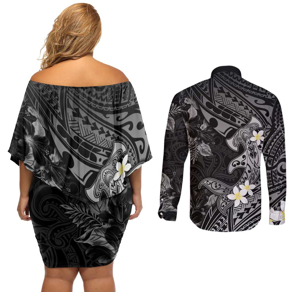 Polynesia Hammerhead Shark Couples Matching Off Shoulder Short Dress and Long Sleeve Button Shirt Tropical Flowers Tribal Pattern Black