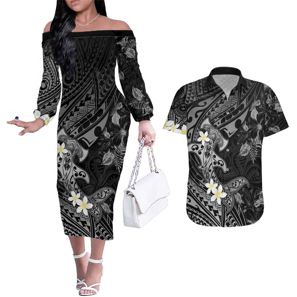 Polynesia Hammerhead Shark Couples Matching Off The Shoulder Long Sleeve Dress and Hawaiian Shirt Tropical Flowers Tribal Pattern Black LT05 Black - Polynesian Pride