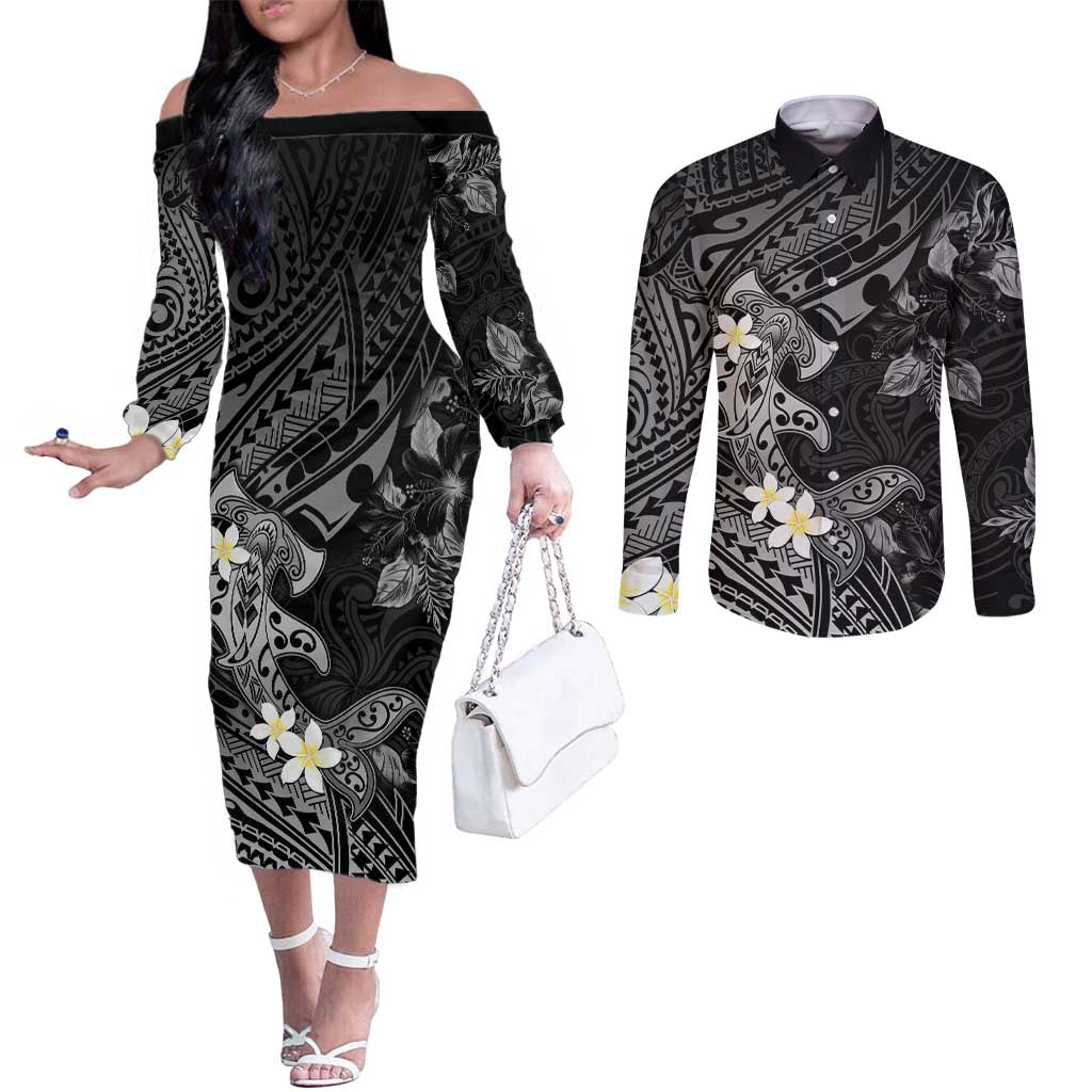 Polynesia Hammerhead Shark Couples Matching Off The Shoulder Long Sleeve Dress and Long Sleeve Button Shirt Tropical Flowers Tribal Pattern Black LT05 Black - Polynesian Pride