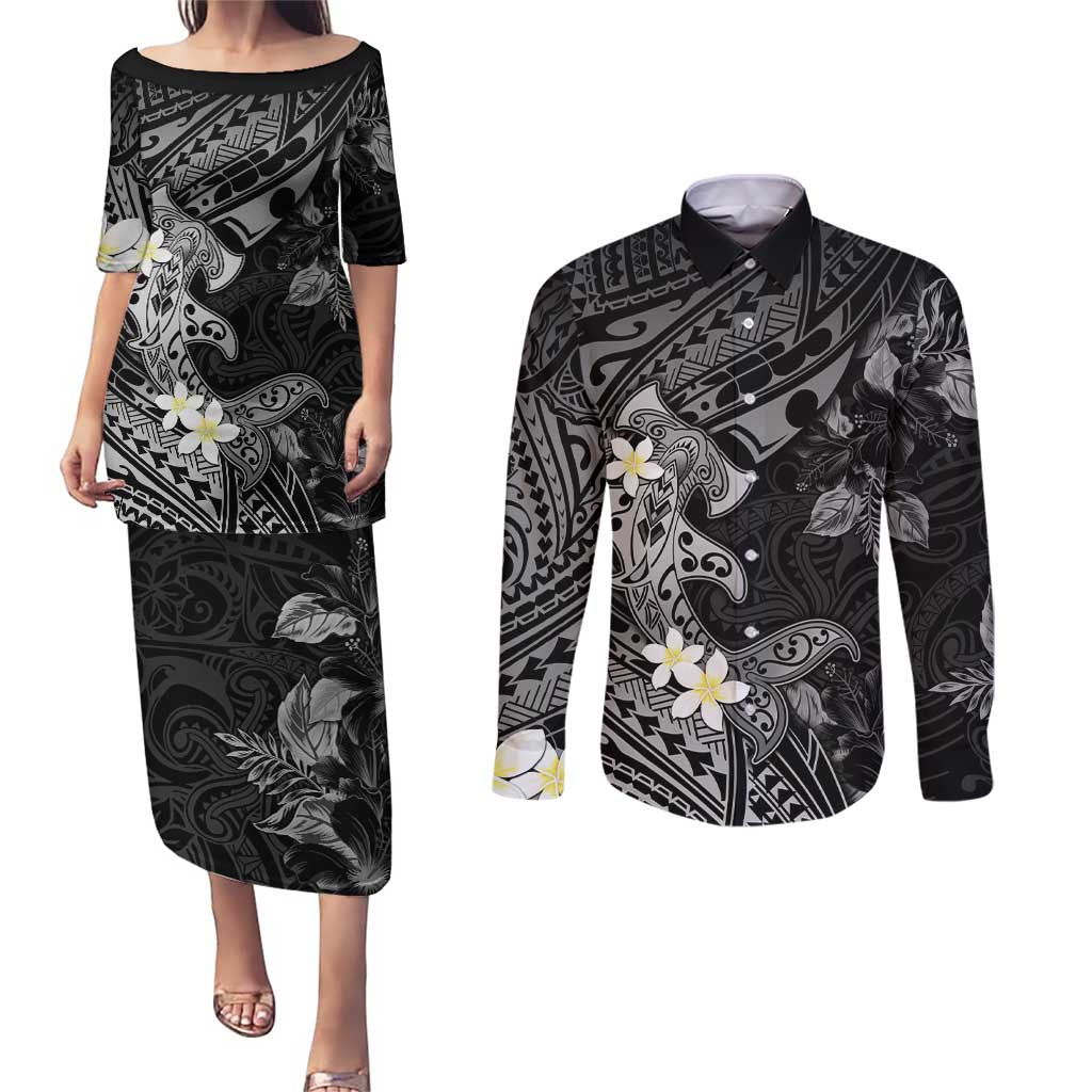 Polynesia Hammerhead Shark Couples Matching Puletasi and Long Sleeve Button Shirt Tropical Flowers Tribal Pattern Black