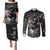Polynesia Hammerhead Shark Couples Matching Puletasi and Long Sleeve Button Shirt Tropical Flowers Tribal Pattern Black