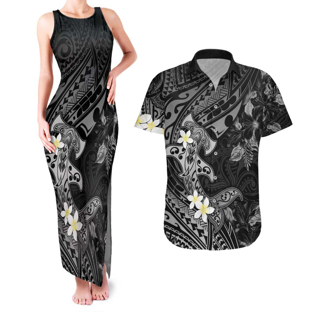 Polynesia Hammerhead Shark Couples Matching Tank Maxi Dress and Hawaiian Shirt Tropical Flowers Tribal Pattern Black LT05 Black - Polynesian Pride