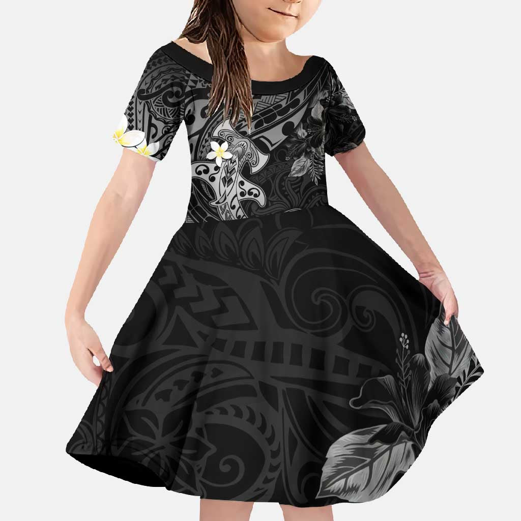 Polynesia Hammerhead Shark Family Matching Long Sleeve Bodycon Dress and Hawaiian Shirt Tropical Flowers Tribal Pattern Black LT05 Daughter's Dress Black - Polynesian Pride