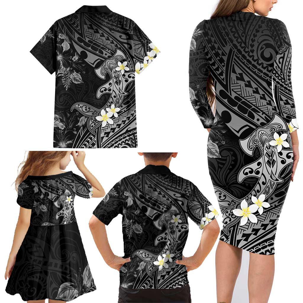 Polynesia Hammerhead Shark Family Matching Long Sleeve Bodycon Dress and Hawaiian Shirt Tropical Flowers Tribal Pattern Black LT05 - Polynesian Pride