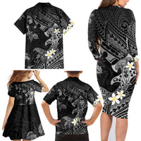 Polynesia Hammerhead Shark Family Matching Long Sleeve Bodycon Dress and Hawaiian Shirt Tropical Flowers Tribal Pattern Black LT05 - Polynesian Pride
