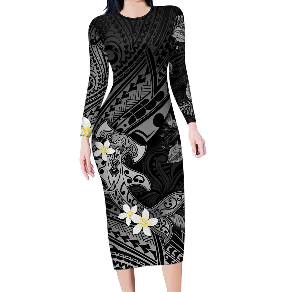 Polynesia Hammerhead Shark Family Matching Long Sleeve Bodycon Dress and Hawaiian Shirt Tropical Flowers Tribal Pattern Black LT05 Mom's Dress Black - Polynesian Pride