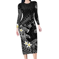 Polynesia Hammerhead Shark Family Matching Long Sleeve Bodycon Dress and Hawaiian Shirt Tropical Flowers Tribal Pattern Black LT05 Mom's Dress Black - Polynesian Pride