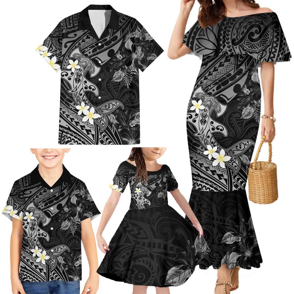 Polynesia Hammerhead Shark Family Matching Mermaid Dress and Hawaiian Shirt Tropical Flowers Tribal Pattern Black LT05 - Polynesian Pride