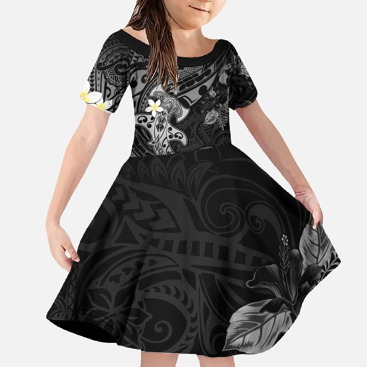 Polynesia Hammerhead Shark Family Matching Off The Shoulder Long Sleeve Dress and Hawaiian Shirt Tropical Flowers Tribal Pattern Black LT05 Daughter's Dress Black - Polynesian Pride