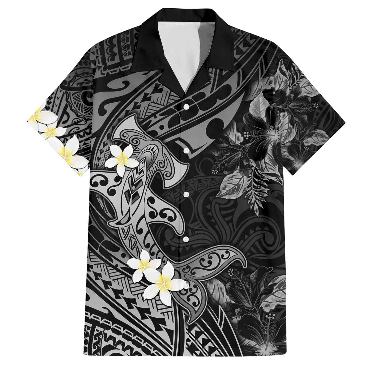 Polynesia Hammerhead Shark Family Matching Off The Shoulder Long Sleeve Dress and Hawaiian Shirt Tropical Flowers Tribal Pattern Black LT05 Dad's Shirt - Short Sleeve Black - Polynesian Pride