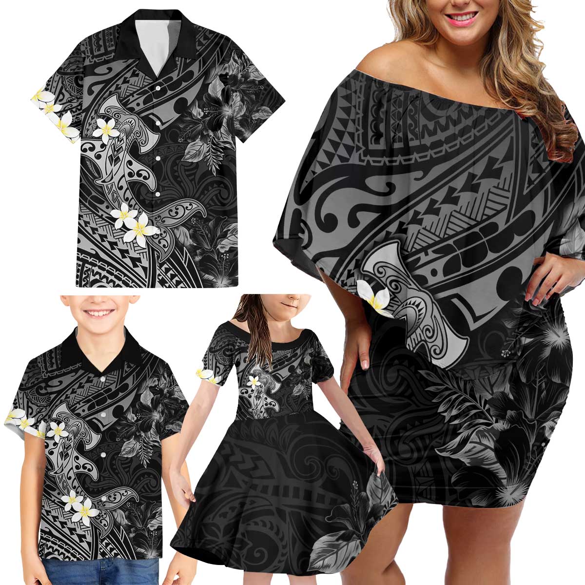 Polynesia Hammerhead Shark Family Matching Off Shoulder Short Dress and Hawaiian Shirt Tropical Flowers Tribal Pattern Black LT05 - Polynesian Pride