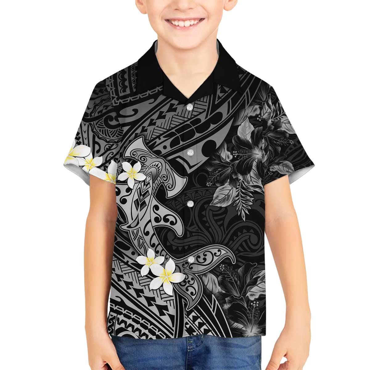Polynesia Hammerhead Shark Family Matching Off Shoulder Short Dress and Hawaiian Shirt Tropical Flowers Tribal Pattern Black LT05 Son's Shirt Black - Polynesian Pride