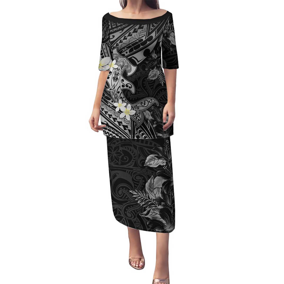 Polynesia Hammerhead Shark Family Matching Puletasi and Hawaiian Shirt Tropical Flowers Tribal Pattern Black
