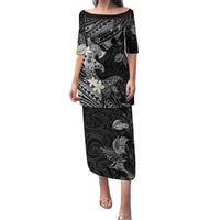 Polynesia Hammerhead Shark Family Matching Puletasi and Hawaiian Shirt Tropical Flowers Tribal Pattern Black