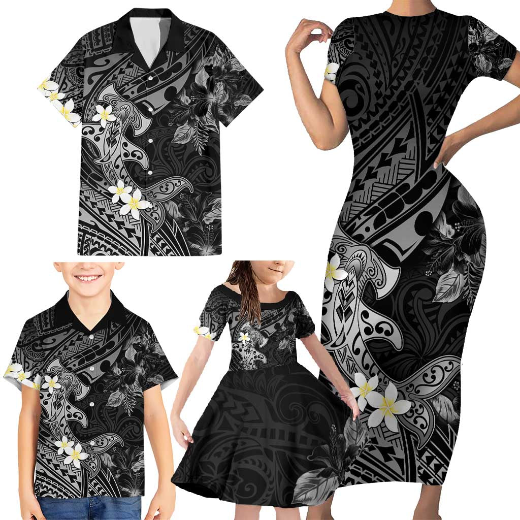 Polynesia Hammerhead Shark Family Matching Short Sleeve Bodycon Dress and Hawaiian Shirt Tropical Flowers Tribal Pattern Black LT05 - Polynesian Pride