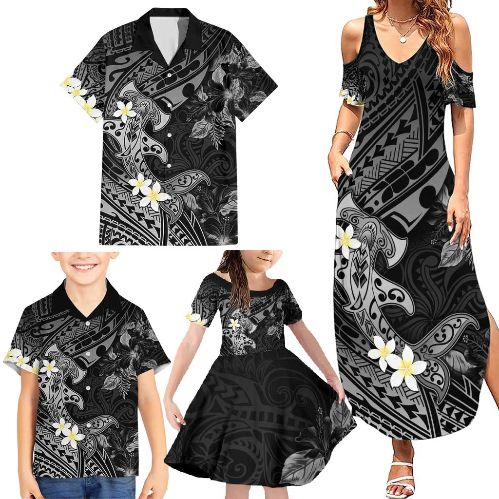 Polynesia Hammerhead Shark Family Matching Summer Maxi Dress and Hawaiian Shirt Tropical Flowers Tribal Pattern Black LT05 - Polynesian Pride