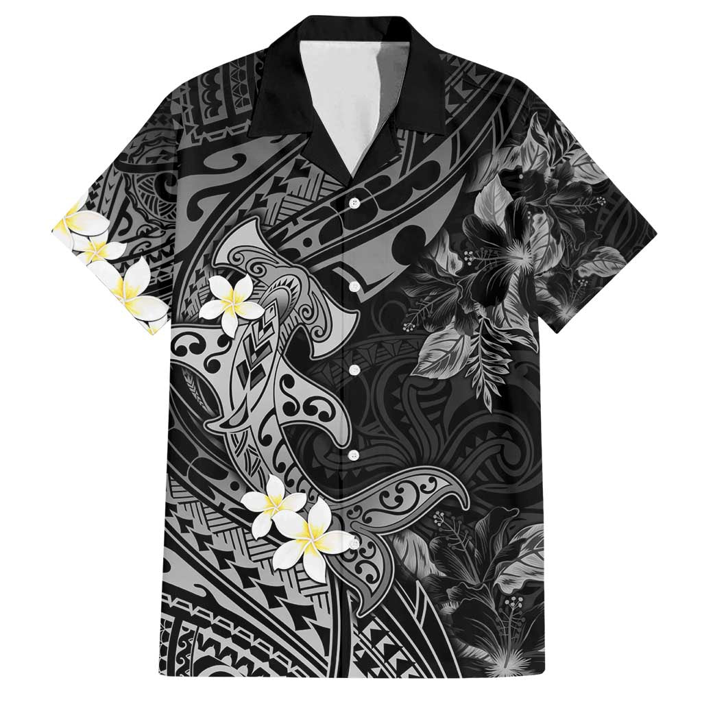 Polynesia Hammerhead Shark Family Matching Summer Maxi Dress and Hawaiian Shirt Tropical Flowers Tribal Pattern Black LT05 Dad's Shirt - Short Sleeve Black - Polynesian Pride
