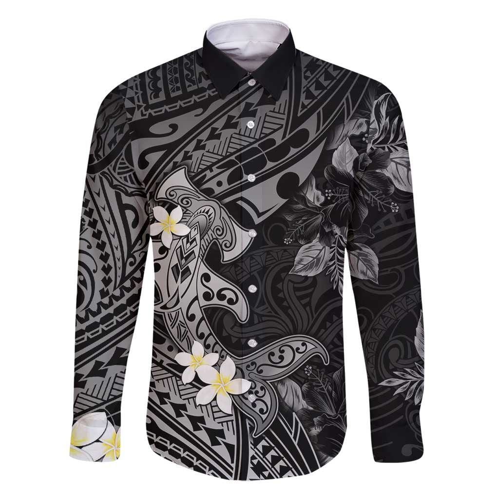 Polynesia Hammerhead Shark Family Matching Summer Maxi Dress and Hawaiian Shirt Tropical Flowers Tribal Pattern Black LT05 Dad's Shirt - Long Sleeve Black - Polynesian Pride
