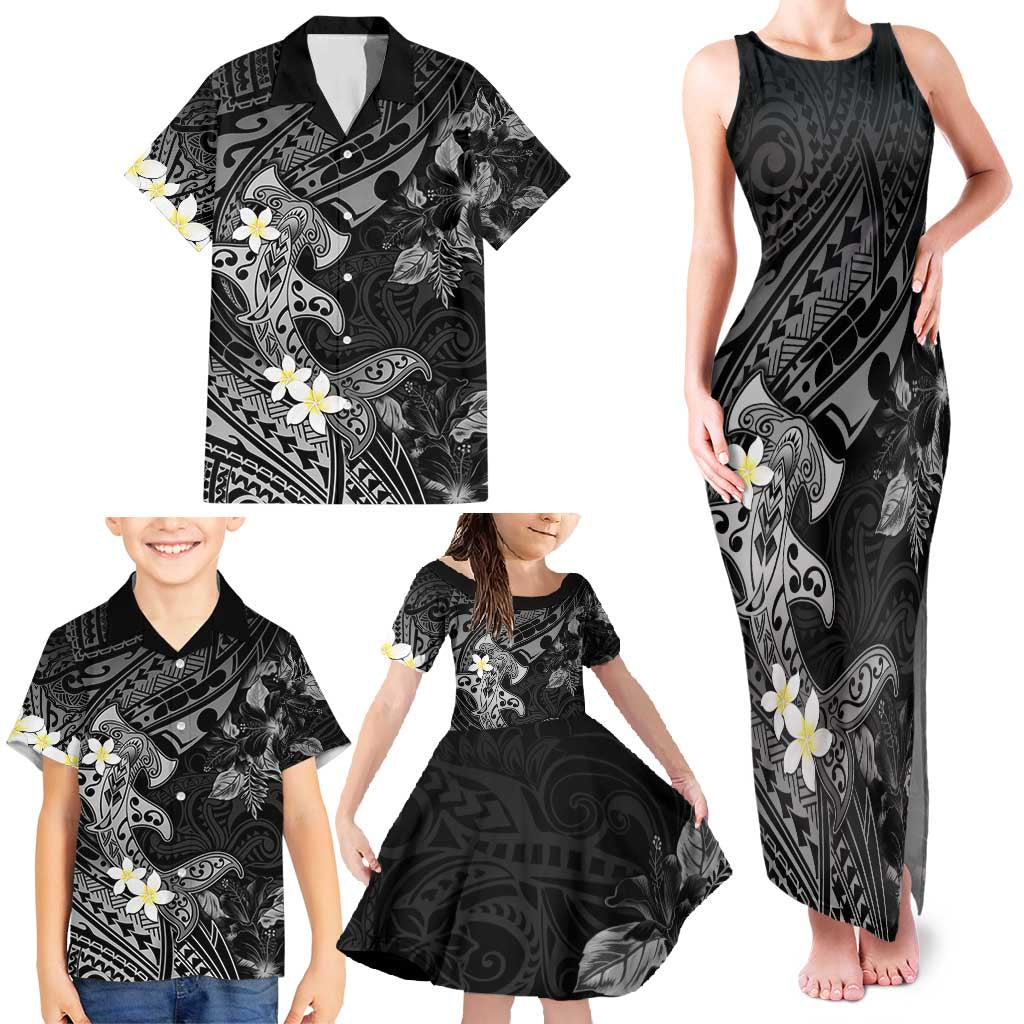 Polynesia Hammerhead Shark Family Matching Tank Maxi Dress and Hawaiian Shirt Tropical Flowers Tribal Pattern Black LT05 - Polynesian Pride