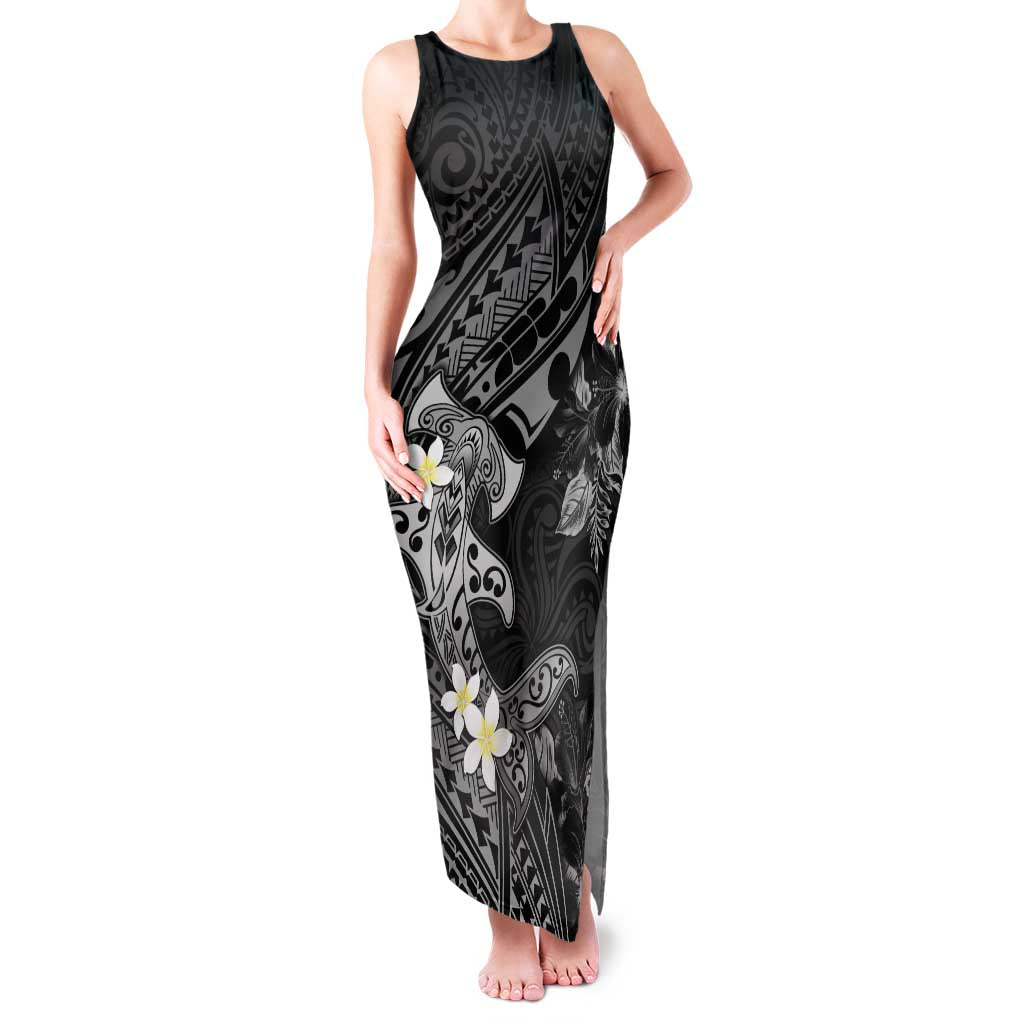 Polynesia Hammerhead Shark Family Matching Tank Maxi Dress and Hawaiian Shirt Tropical Flowers Tribal Pattern Black LT05 Mom's Dress Black - Polynesian Pride
